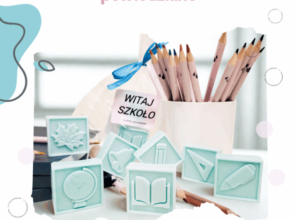 Mydła glicerynowe z motywami szkolnymi – globus, książka, ołówek, liść, dzwonek. Upominek na rozpoczęcie roku szkolnego.