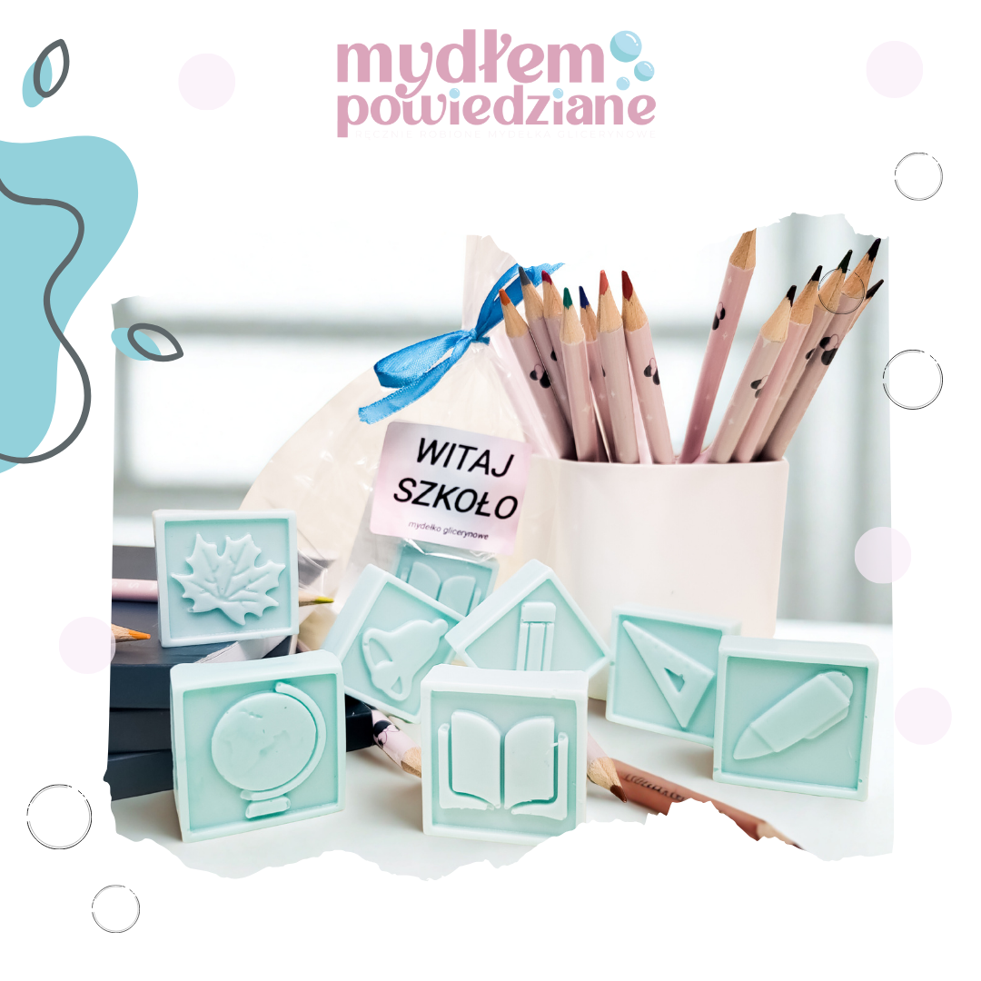 Mydła glicerynowe z motywami szkolnymi – globus, książka, ołówek, liść, dzwonek. Upominek na rozpoczęcie roku szkolnego.